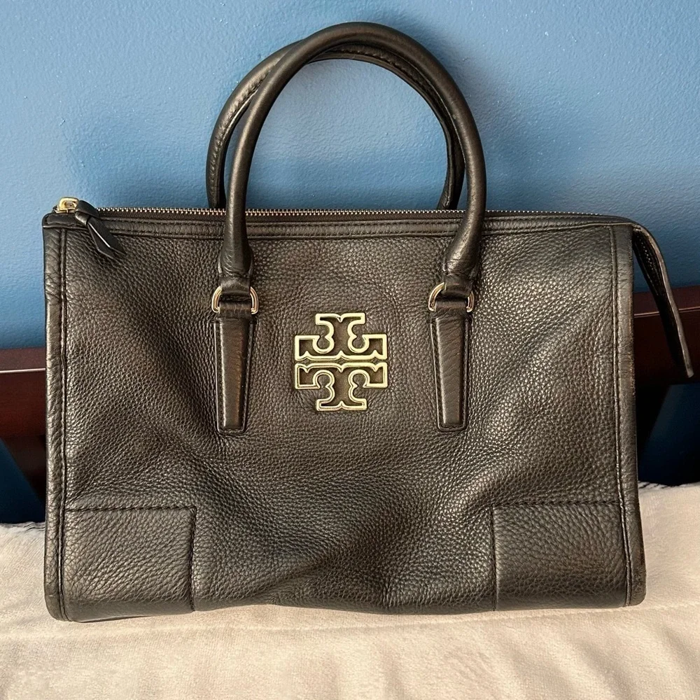 Tory Burch Britten Satchel Black Pebbled Leather Handbag Bag